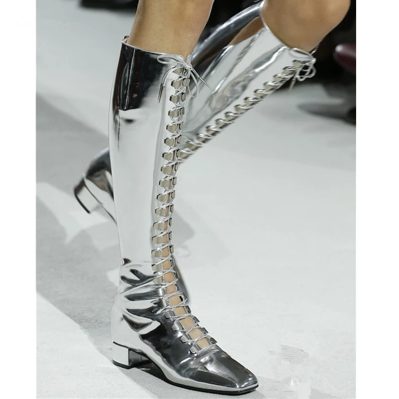 

New Soft Leather Women Boots Sexy Cuts out Knee High Square Toe Boots Runway Outfit Gladiator Party Dress Shoes Zapatos de Mujer