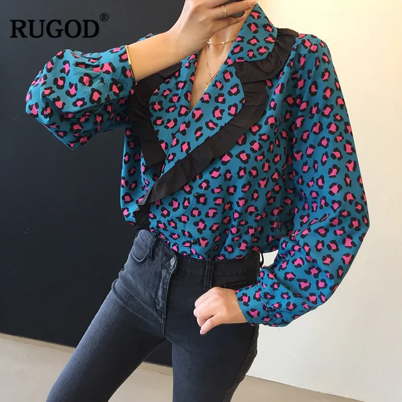 RUGOD Chic Leopard Shirt Корейская модная одежда Женщины Блузки с длинным рукавом отложным