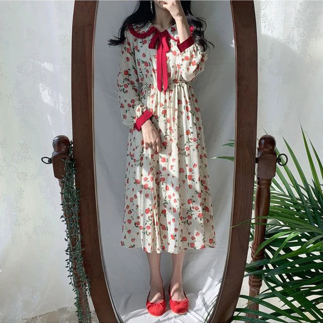 

Super Cute Flower Print a Line Dress Chiffon Tie Baby Doll Style Puff Sleeve Dress Long Robe Longue Vestido Largo Vestiti Lunga