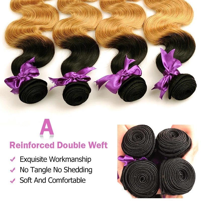 Pinshair Ombre бразильский волос Weave Связки Bodywave T1B/27 Мёд блондинка толстые натуральные волосы Связки 4 тон без Волосы remy расширение