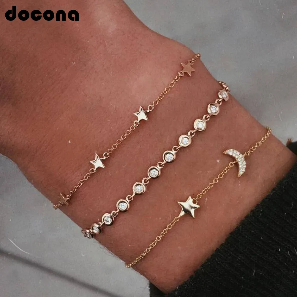 

Docona Boho Star Moon Gold Color Crystal Gem Chain Multi Layer Bracelet Set For Women Ladies Charm Adjustable Bracelet C17304