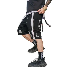 Летние мужские шорты с принтом в стиле хип-хоп, с лентами, уличная одежда, бермуды на молнии, с карманами, мужские шорты в стиле панк, повседневные короткие спортивные штаны до колена