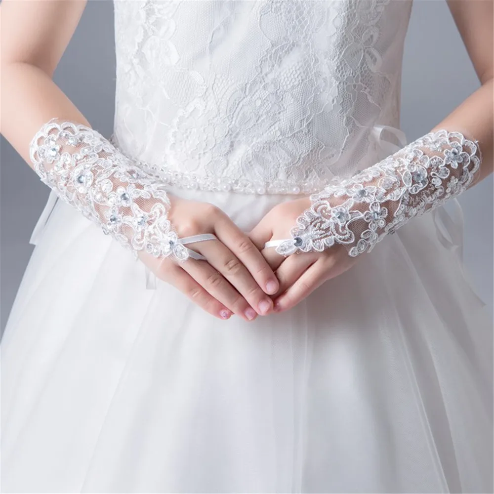 Lace-studded children's wedding flower girl dress gloves fingerless girls show dance gloves decoration