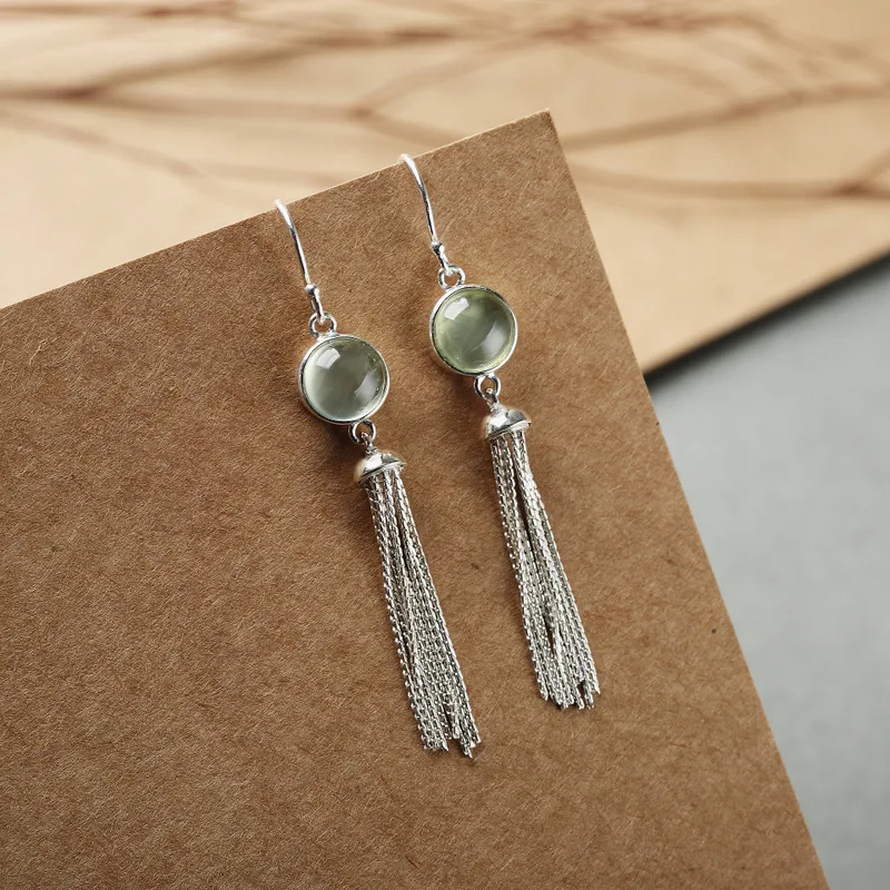 

S925 silver inlaid tassel earrings simple temperament natural grape stone earrings