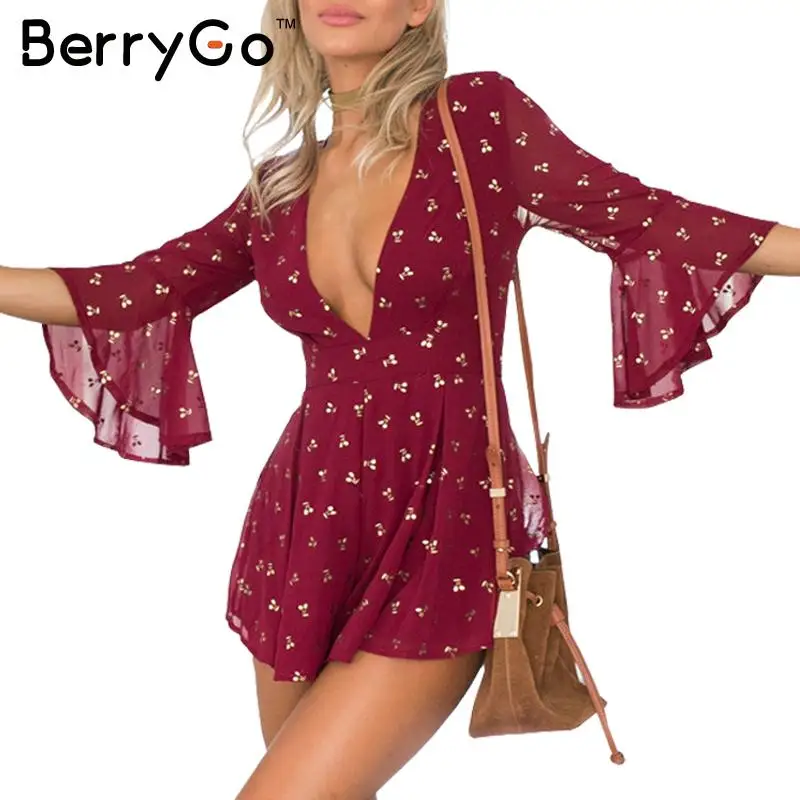 BerryGo Gilding cherry ruffles chiffon jumpsuit romper
