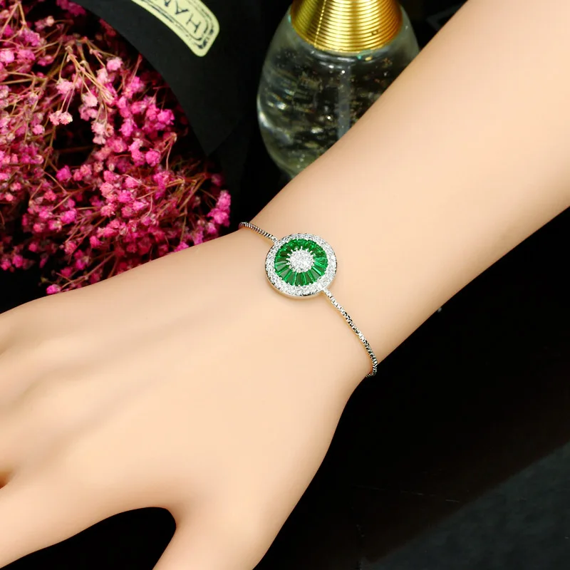 Pera Trendy Summer Style Charm Adjustable Size Green Bangle Cubic Zirconia Big Round Bracelet For Women Party Jewelry Gift B130