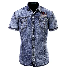 Лето модные хлопковые мужские повседневные облегающие джинсовые рубашки карго/Европейский стиль мужские джинсовые рубашки с короткими рукавами