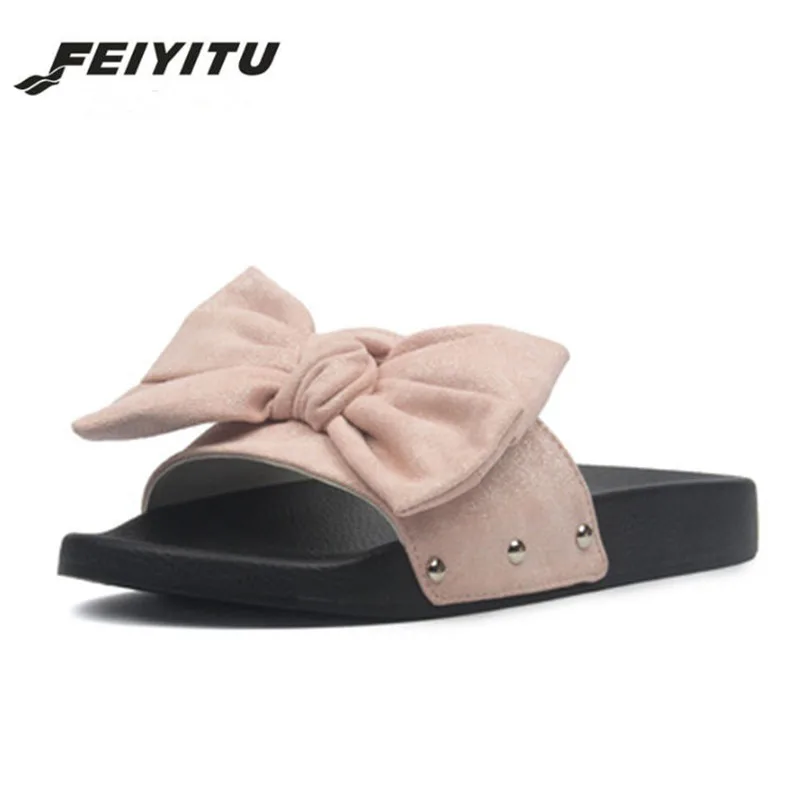 

FeiYiTu 2019 New SummerWoman Bow Beach Flats Slippers Casual Women Printed Bowknot Clogs Slip on Slides Shoes Eu Size 35-40