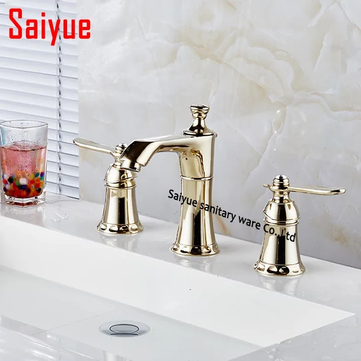 

Contemporary Widespread 3 Holes Bathroom Sink Faucet Gold Finish Dual Handles Basin Mixer Tap