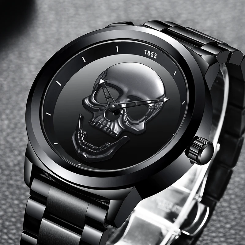 Relogio masculinLIGE Men Skull Watch Brand Luxury Stainless Steel Quartz Watches mens Business Fashion Waterproof Retro Clock