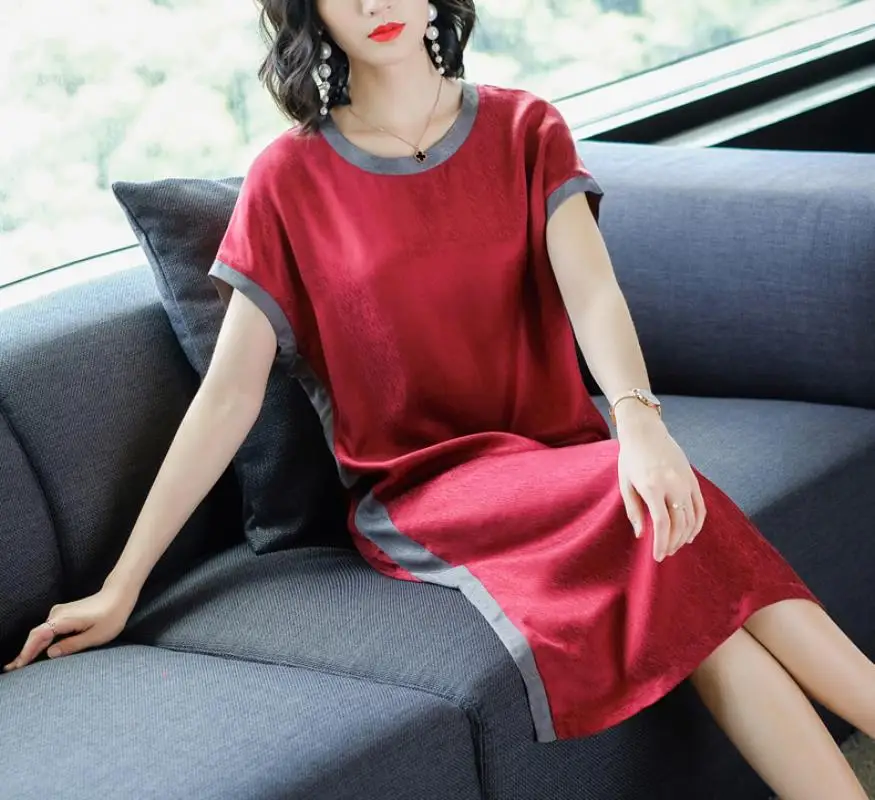2018 Summer New Style Simple Fashion  Stripes Soft 100% Real Silk Straight Dress Female Casual Loose Short Sleeve Dress