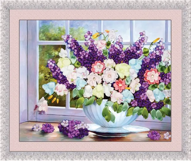 

DIY 3D Ribbon Embroidery cross stitch kits sets simple handmade needlework/ Colorful flower vase gifts decor picture paintings