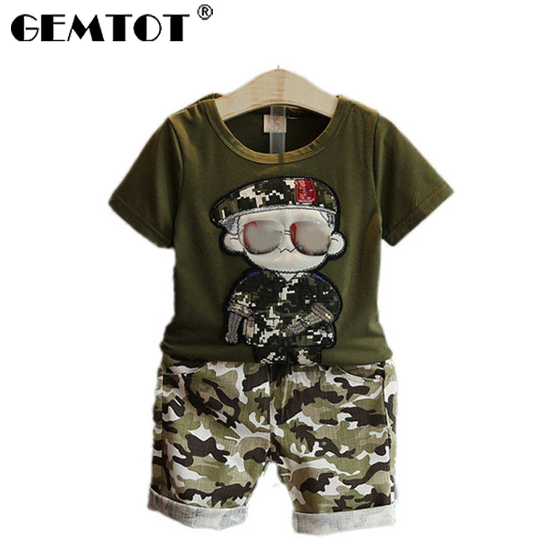 GEMTOT الأطفال دعوى 2019 الصيف جديد الصبي رداء غير رسمية الأطفال الكرتون القطن تي شيرت خمسة السراويل التمويه اثنين قطعة