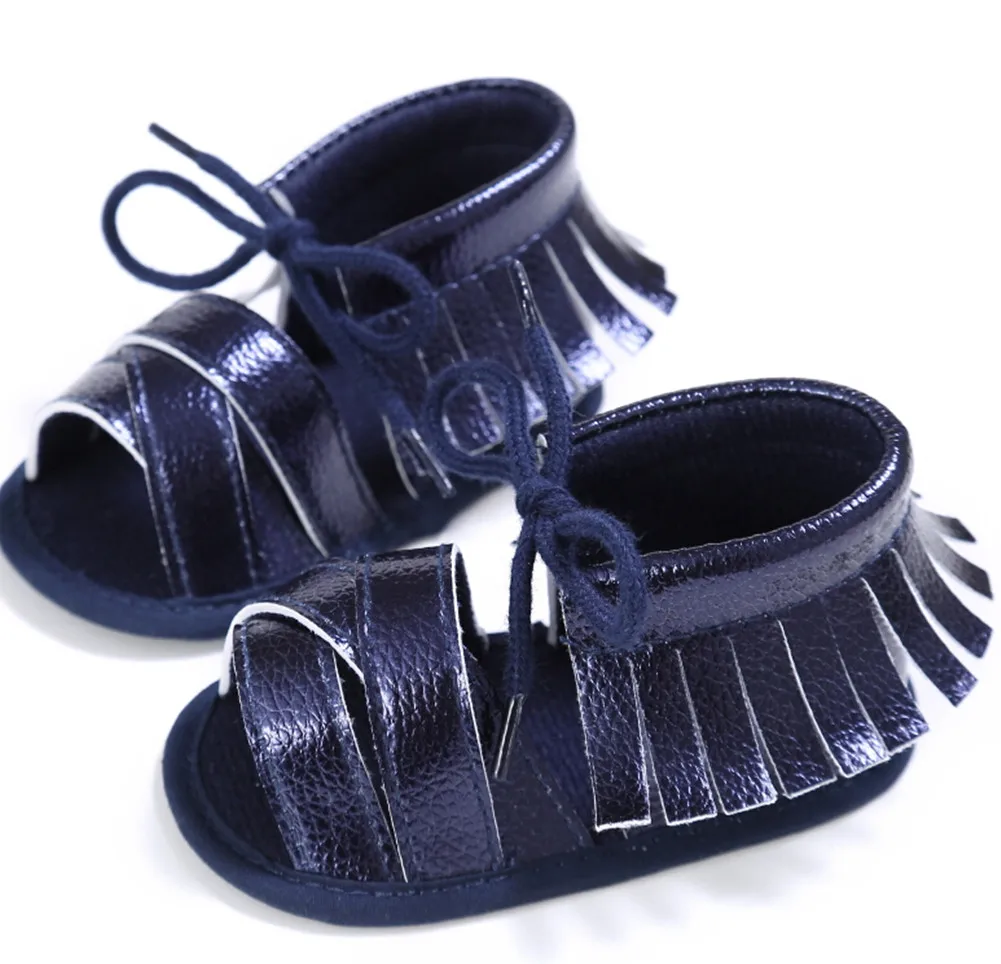 Милый для маленьких девочек летний для новорожденных пляжные сандалии из PU искусственной кожи, с бахромой для детей, начинающих ходить; для детей 0-18 м - Цвет: Синий