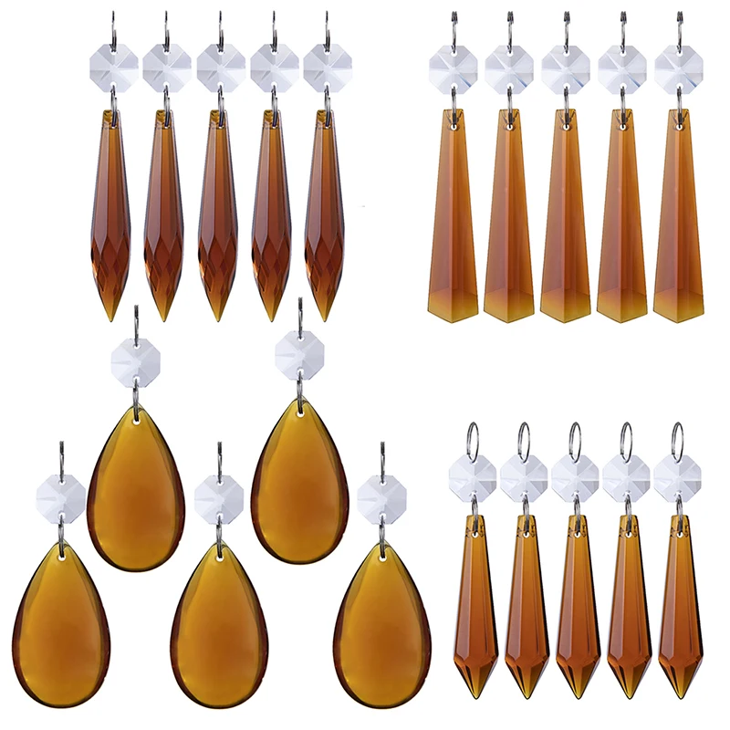 

H&D Amber Crystal Icicle Pendant Chandelier Teardrop Prisms Drops Lamp Candle Holders Curtain DIY Parts Accessories,Pack of 20