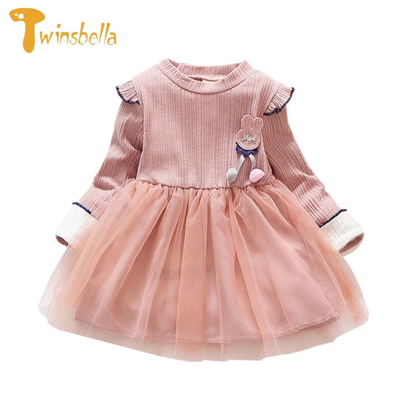 2019 Spring Solid  Knitted Sweater Casual Princess Dresses Cotton Kids Clothing Long Sleeve Tulle Dresses for Girls Baby Toddler