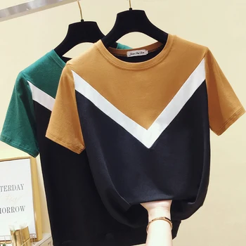 

gkfnmt 2019 Summer Casual T Shirt Short Sleeve Tshirt Women TShirt korean Loose Cotton Patchwork O Neck Tee Shirt Femme Green