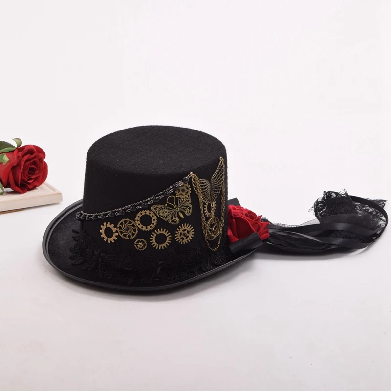Для женщин стимпанк топ шляпа Готическая Лолита Косплей красная роза шестерни цепи черный Викторианский вечерние фетровая шляпа