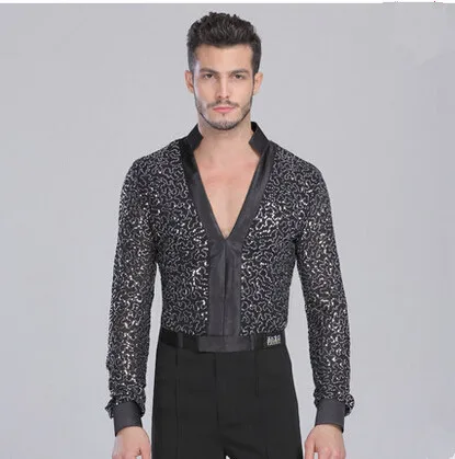 

v neck long sleeves Competition Performance Ballroom Modern Salsa Tango Samba Men's Latin Dance Shirts Mens Latin Shirts