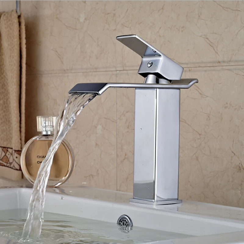

New Square Waterfall Basin Sink Faucet Single Handle Vessel Sink Mixer Chrome Free Shipping