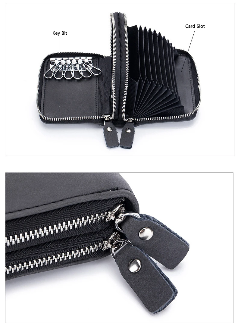 WESTCREEK Brand Multifunction Double Zipper RFID Blocking Card Holder Vintage Leather Key Holders with 12 Cards Slot