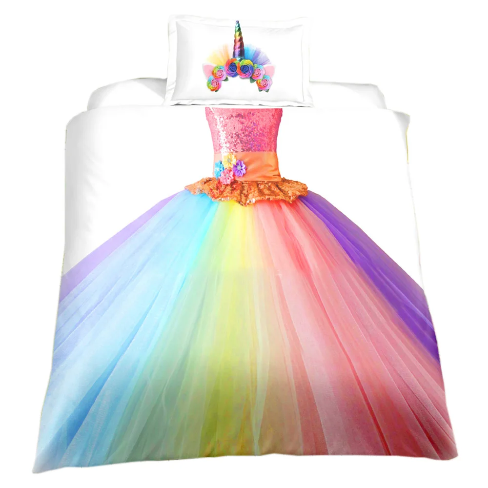 Children's Bedding Set,Rainbow Unicorn Princess Dress for Girls Duvet Cover with Pillowcase,Kids