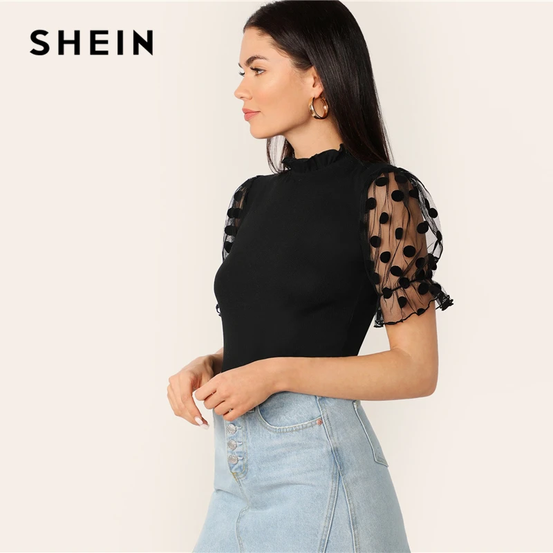 SHEIN Однотонная Блузка С Сетчатыми Рукавами В Горошек Элегантный Топ Для Офиса Женские Нарядные Топы