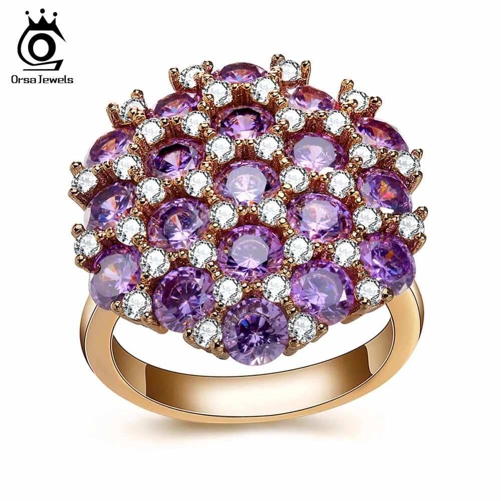 ORSA JEWELS женские кольца с AAA фиолетовым кубическим цирконием, большие золотые кольца, модные вечерние женские ювелирные изделия OMR08