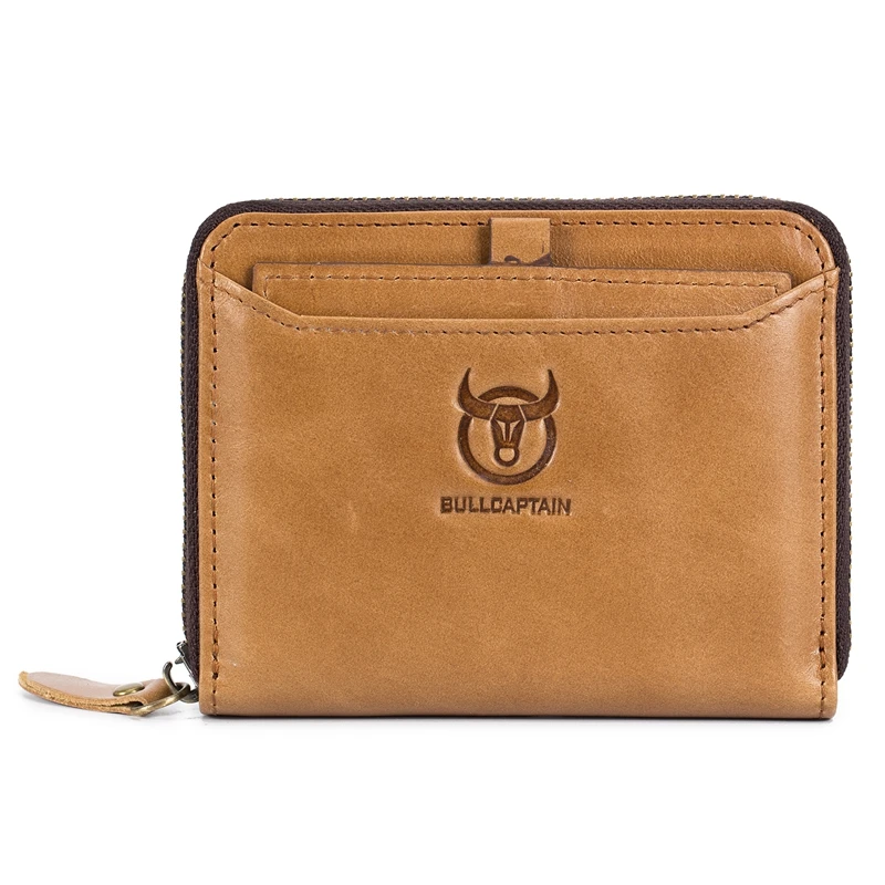 BULLCAPTAIN Brand Genuine Leather Men Wallets Vintage Casual Zipper Man Wallet Short Design Purse s Credit Card Holder - Цвет: Yellow brown