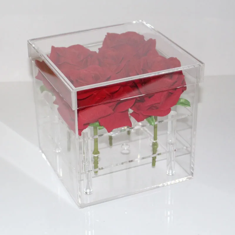 New Style Acrylic Rose Flower Box Makeup Organizer Cosmetic Tools Holder Flower Gift Box For Girlfriend Wife With Cover