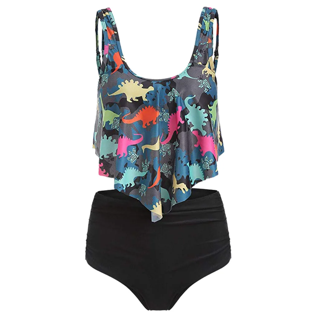 

Printed 2019 Summer New Wire Free Mid Waist Women Bikini Set Swimsuit High Waist Dinosaur Print Bathing Suit Beach Swimwear