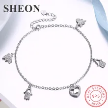 SHEON 100% 925 Sterling Silver Butterfly Heart Charm Anklet Silver Foot Chain Ankle Bracelet For Women Sterling Silver Jewelry lindajoux 925 sterling silver fashion sea star charm anklet for women s925 ankle bracelet adjustable length