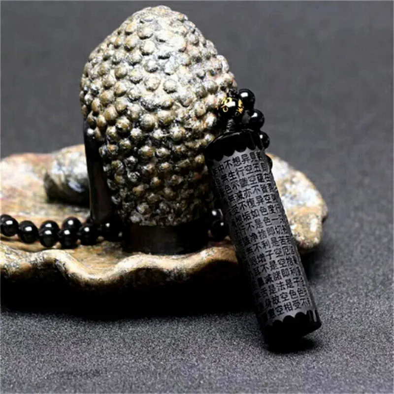 Natural Obsidian Pendant Prajna paramita Sutra Buddha Necklace Pendant With Lucky Beads Chain Fashion Jewelry For Men women 5