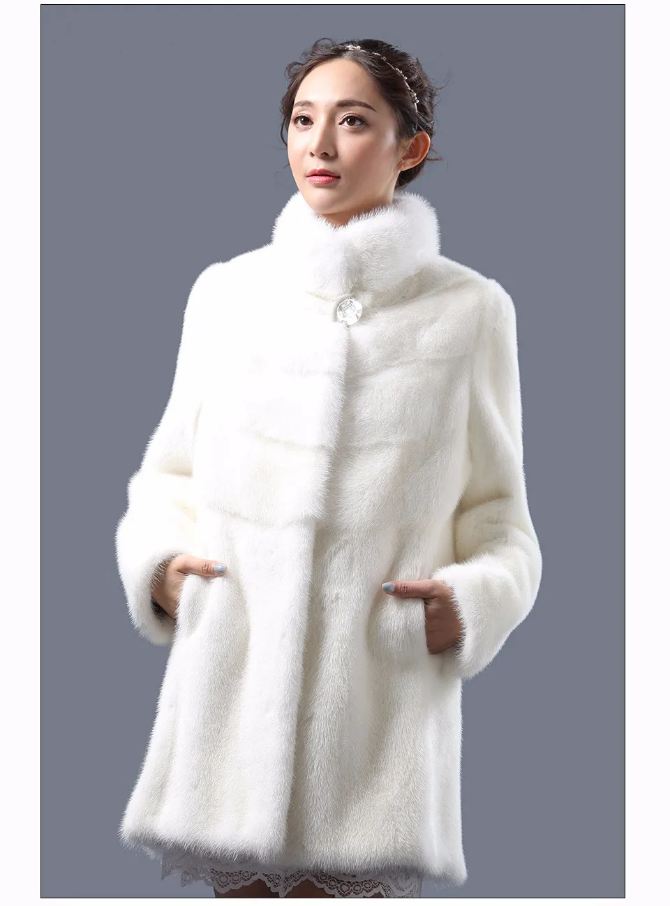 Зимняя женская модная белая норковая шуба с воротником "Мандарин" 8072