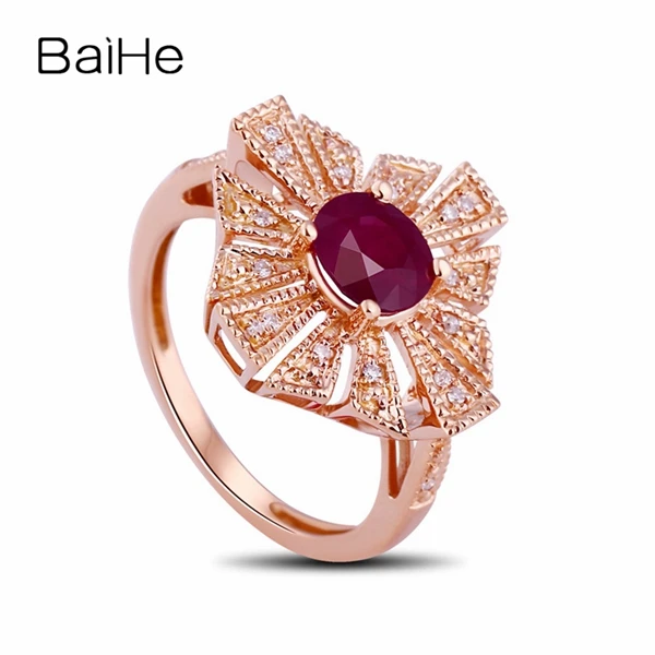 BAIHE Solid 14 k розовое золото Millgrain Блестящий с драгоценным камнем для помолвки обручальное кольцо 5x6 мм овальные натуральные рубиновые бриллианты винтажный арт-деко