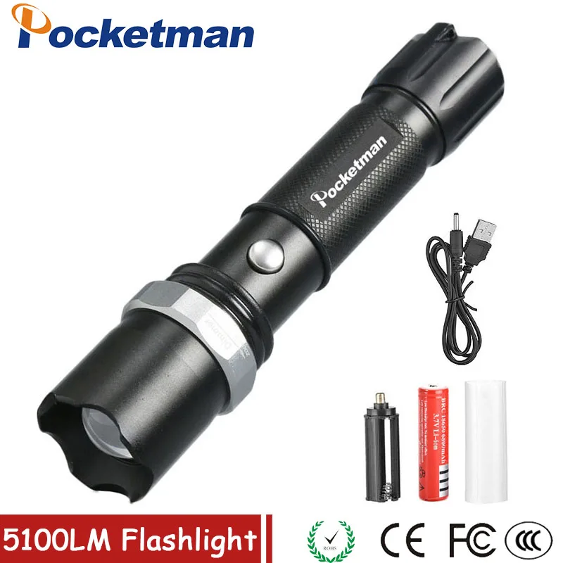 

LED Tactical Flashlight 5100 Lumens Zoomable Lanterna LED Torch Flashlights For 18650 Rechargeable Battery or AAA