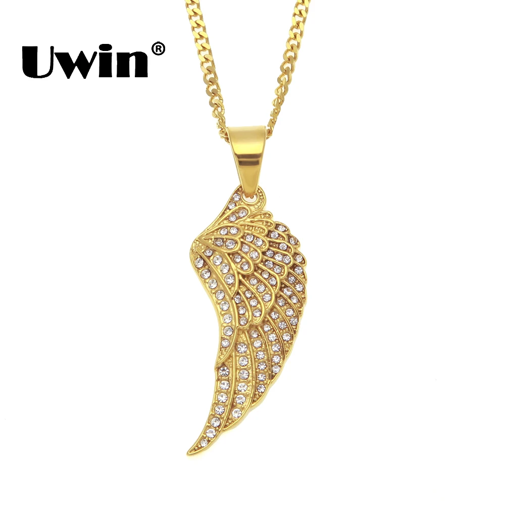 

Uwin Feather Wing Pendant Necklace High Quality Stainless Steel Hiphop Fashion Jewelry Gold Color Iced Out Rhinestones Chain