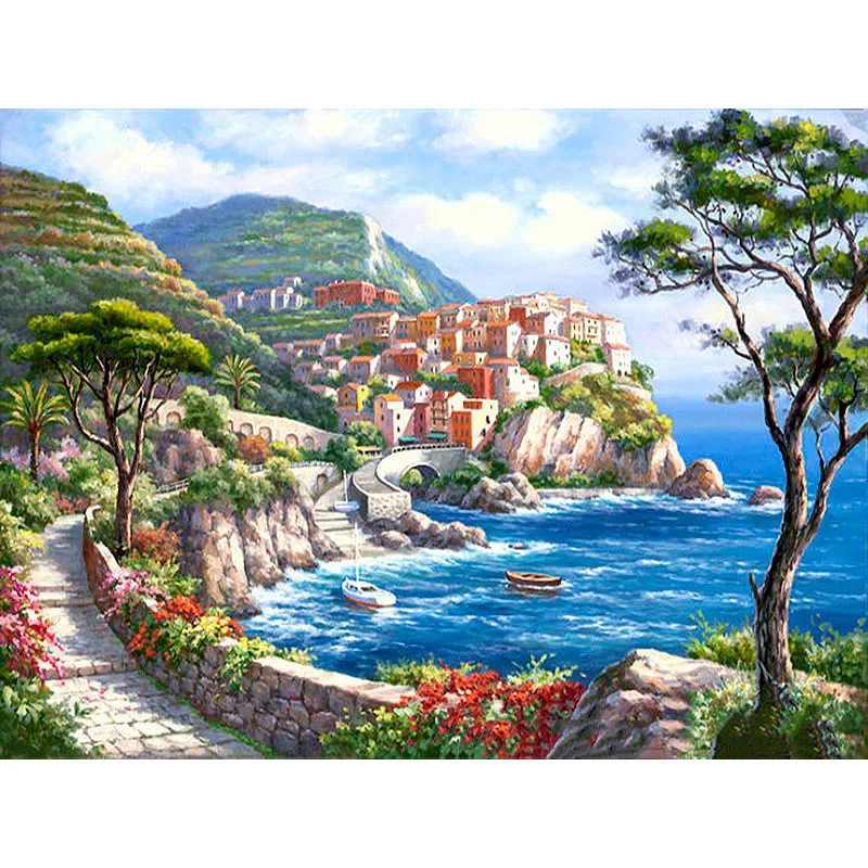 

Dropshipping 50x65cm Painting By Numbers DIY Seaside villa Landscape Wall Art Picture Acrylic Painting For Wedding Decoration