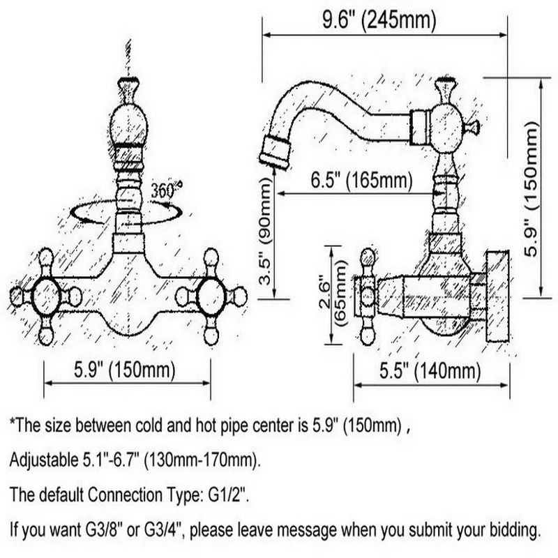 Wall Mounted Vintage Antique Brass Double Cross Handles Bathroom Kitchen Sink Faucet Mixer Tap Swivel Spout atf003