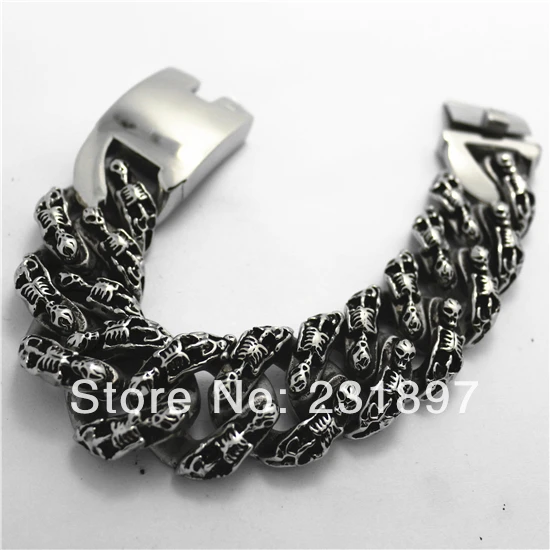 

Factory Price Huge Heavy 316L Stainless Steel Cool Skull Links Biker Style Silver Bracelet Guarantee 100%