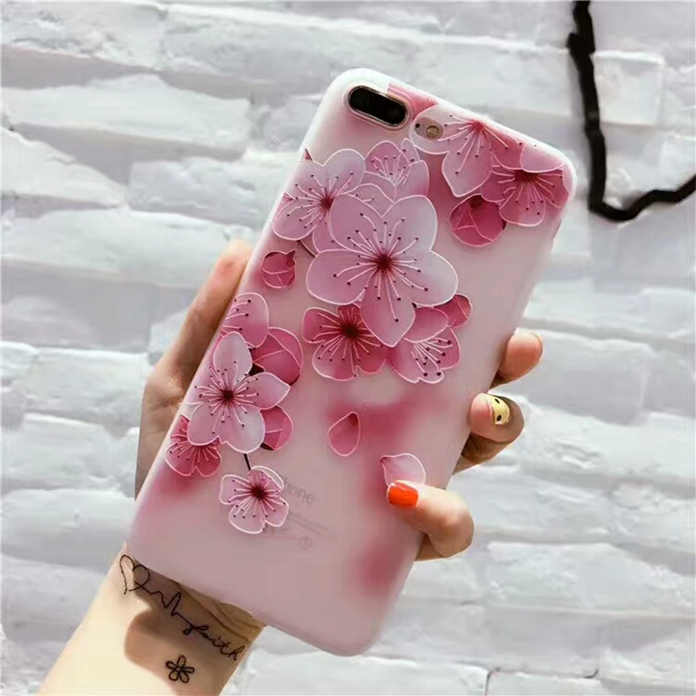 

Soft TPU 3D Relief Floral Phone Case For iPhone 7 8 Plus X 6 6S Plus Flower Leaves Rose Back Cover For iPhone 6 6S Plus X Shell