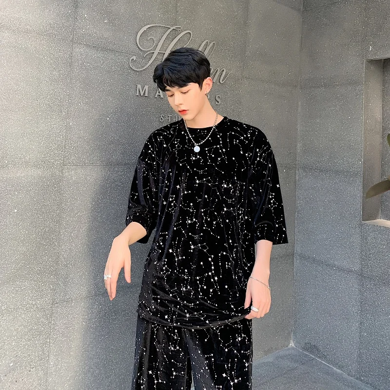 

Men Sets (tshirt+shorts) Velour Drill Bling Casual Male Streetwear Hip Hop Punk Short Sleeve T Shirt Tops Tees Shirts Summer