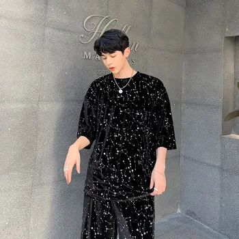 

Men Sets (tshirt+shorts) Velour Drill Bling Casual Male Streetwear Hip Hop Punk Short Sleeve T Shirt Tops Tees Shirts Summer