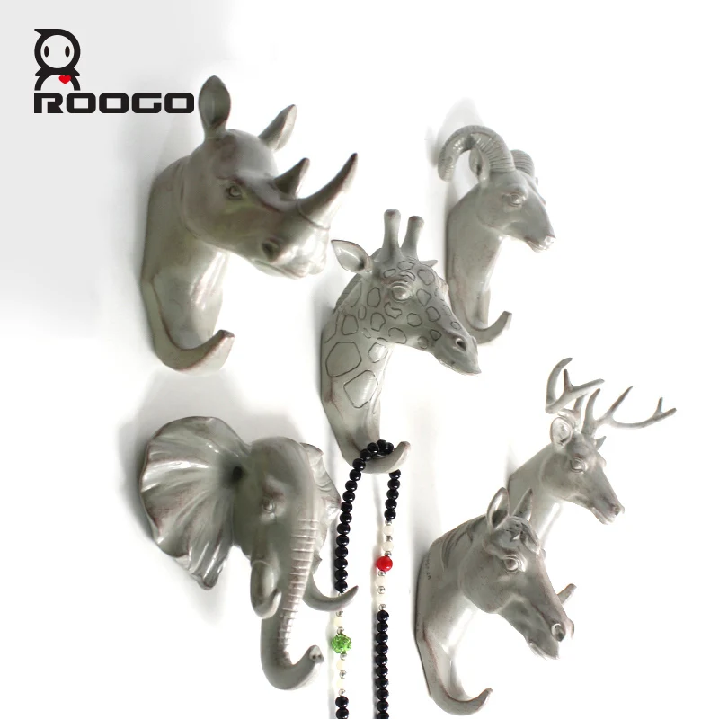 

Roogo Hanger Key Holder Wall Deer Head Room Decoration Wall Hook Gray Annimal Wall Coat Rack Resin Home Decoration Accessories