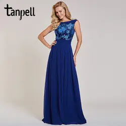 Tanpell Аппликации вечернее платье темно-Королевский синий цвет Бато шеи без рукавов Длина пола платье Линия женщин Формальное длинное