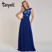 Tanpell appliques evening dress dark royal blue bateau neck sleeveless floor length a line gown women formal long evening dress