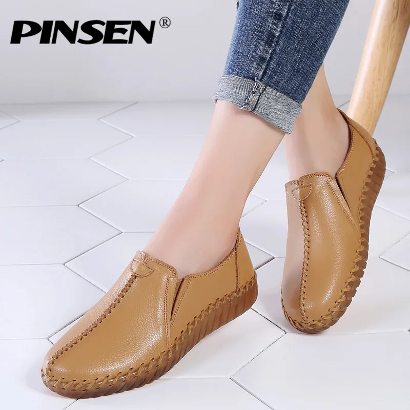 

PINSEN 2020 Autumn Women Flats Shoes Handmade Genuine Leather Slip-on Shoes Woman Moccasins Ladies Oxfords Ballerina Flats Shoes