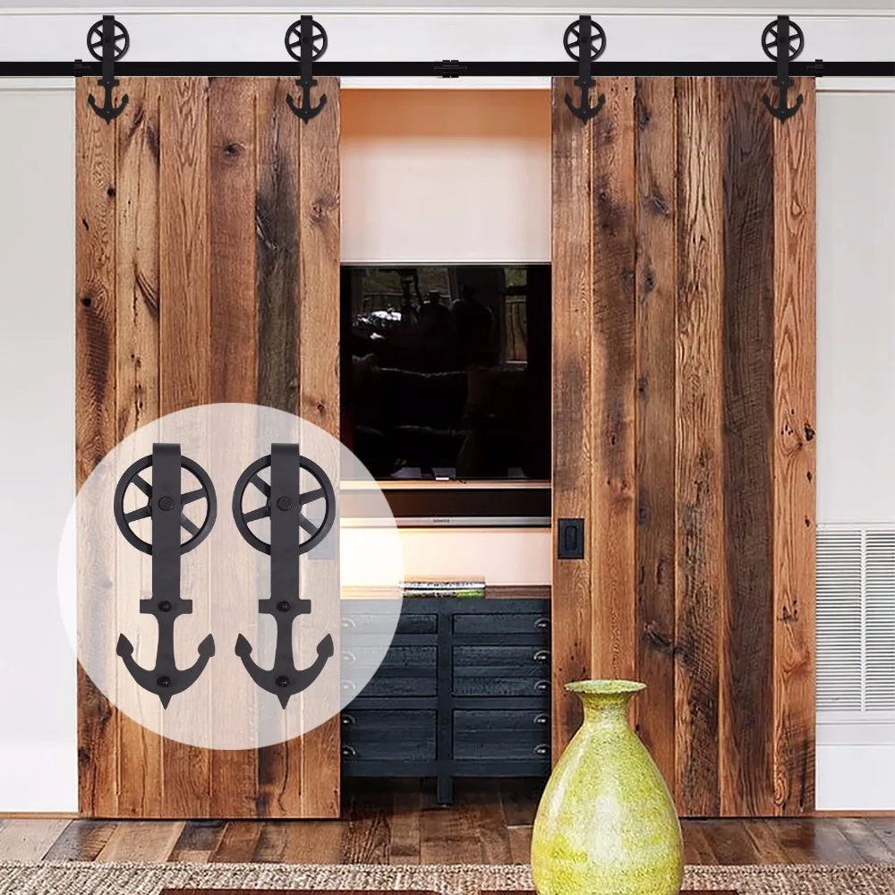LWZH 14ft 15ft Sliding Door Anchor Shaped with Big Rollers Black Steel Sliding font b Closet