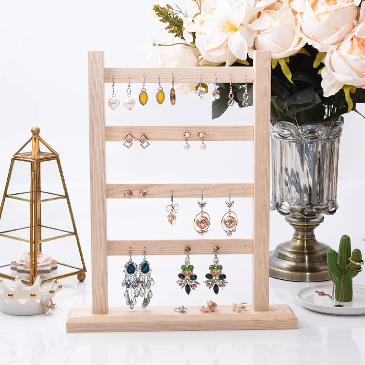 Solid wood earrings four layer wood jewelry stud storage rack multi