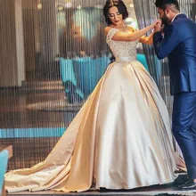 Платье цвета шампанского бальное платье без бретелек Quinceanera плеча аппликация кружева атлас Плюс Размеры Саудовская Выпускные платья сладкий 16 платье